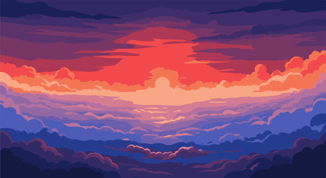 Pixelated sunset with vibrant orange and purple clouds forming layers