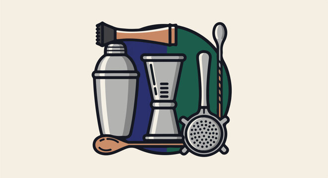 Cocktail bar tools arranged against a backdrop of blue and green shapes