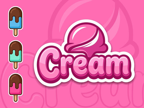 Pink Ice Cream Logo Design and Colorful Popsicle Sticker Set for Sweet Shop and Dessert Branding