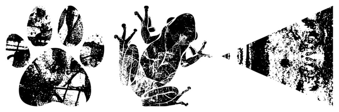 Distressed black vector featuring a frog, paw print, and fragmented face, rendered in halftone texture, ideal for tattoo or graphic design.