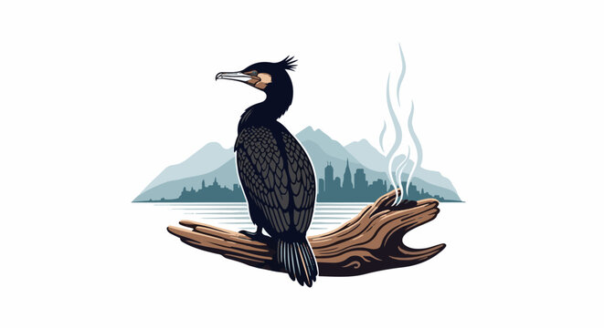 Stylized cormorant on driftwood with city and mountains beyond