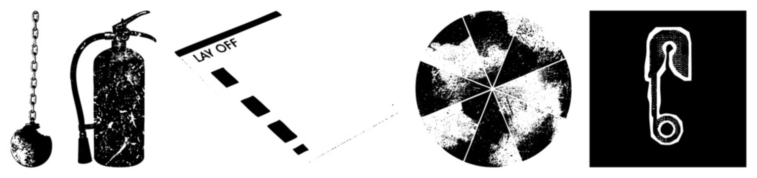 Fire extinguisher, anchor ball, &ldquo;Lay Off&rdquo; warning sign, halftone wheel, safety hook vector safety, emergency gear, hazard symbols, industrial safety graphics.