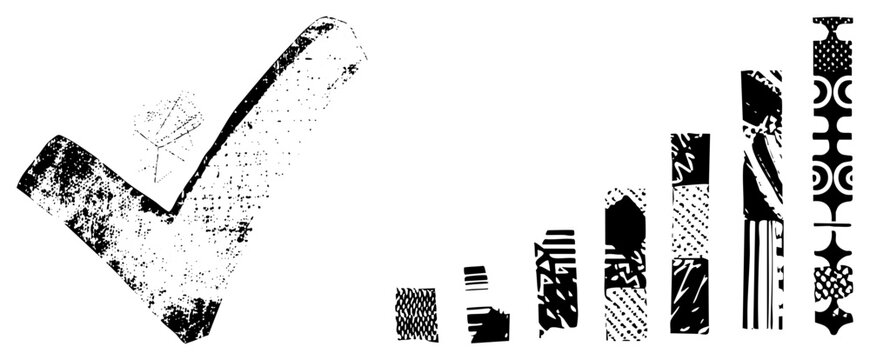Vector checkmark with textured halftone, stylized bars with geometric designs, graphic design elements, digital art symbols, isolated vector elements.