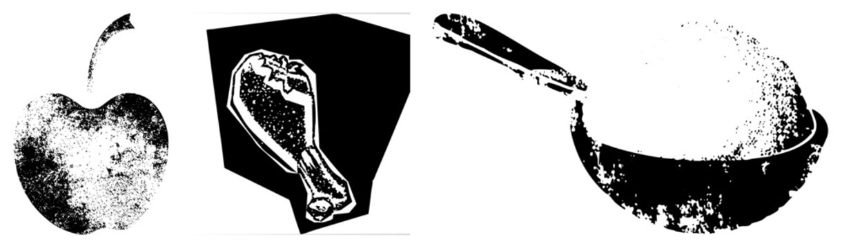 Grained halftone food illustrations with stem, chicken drumstick in box, frying pan. Graphic vector art,, textured, isolated.