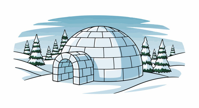 Igloo home amidst snowy landscape and evergreen trees