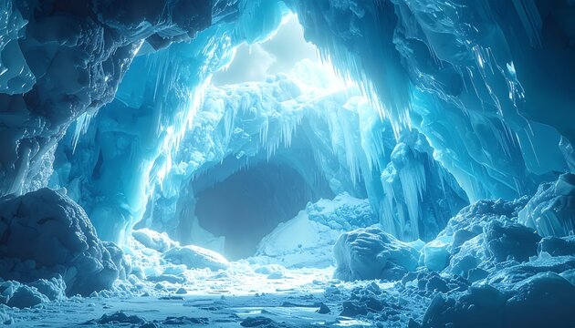 Stunning Blue Ice Cave Interior with Glowing Light and Frozen Formations.