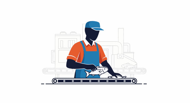 Worker processes fish on a conveyor belt in a food production facility