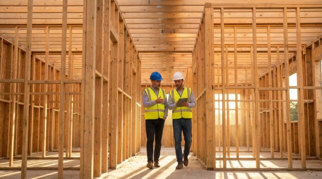 Construction professionals review plans within a newly framed wooden house.