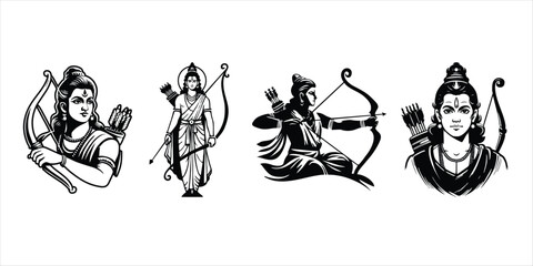 Obraz premium Black and white illustration of Lord Rama icon set for Ram Navami festival, traditional Hindu religious vector design