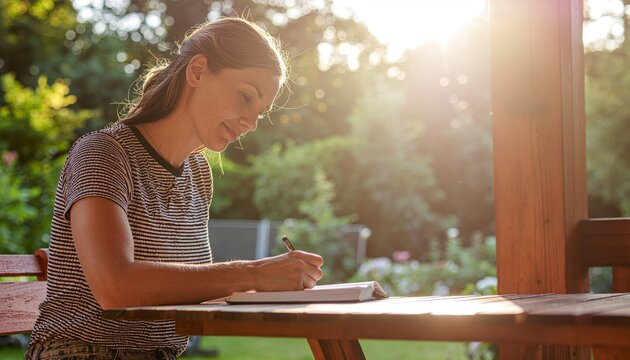 Young Woman Writing in a Journal Outdoors During Golden Hour.