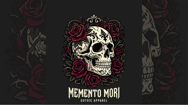 Memento Mori Gothic Skull Surrounded by Red Roses Artwork.