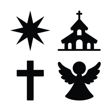 Christmas church service icons, Bethlehem star church building cross, angel silhouette, religious holiday vector set for worship, nativity celebration design