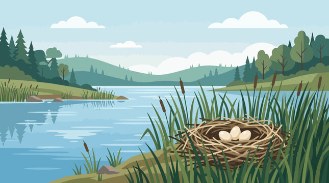 Three eggs in bird nest located in reeds at lake shore with forest and hills in background flat vector nature illustration