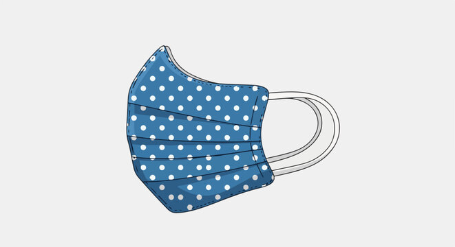 Blue polka dot face mask with pleats and white ear loops