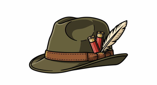 A green hat with a brown band, adorned with shotgun shells and a feather