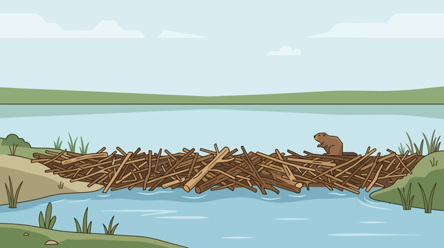 Beaver sitting on top of its wooden lodge dam in a serene mountain river landscape flat vector illustration for educational media