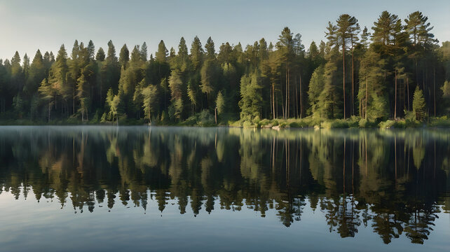 Peaceful Forest Lake Reflecting Tall Evergreen Trees at Sunrise