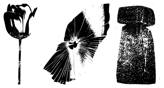 Graphic vector art featuring a tulip, burst, and monolithic stone form, rendered in high contrast halftone with gritty texture. Artistic composition with bold shapes and visual impact.