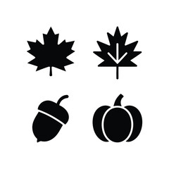 Maple leaf symbols with acorn and pumpkin, fall icon set, thanksgiving banner graphic, woodland theme, rustic harvest party vector design © BlackVault Designs