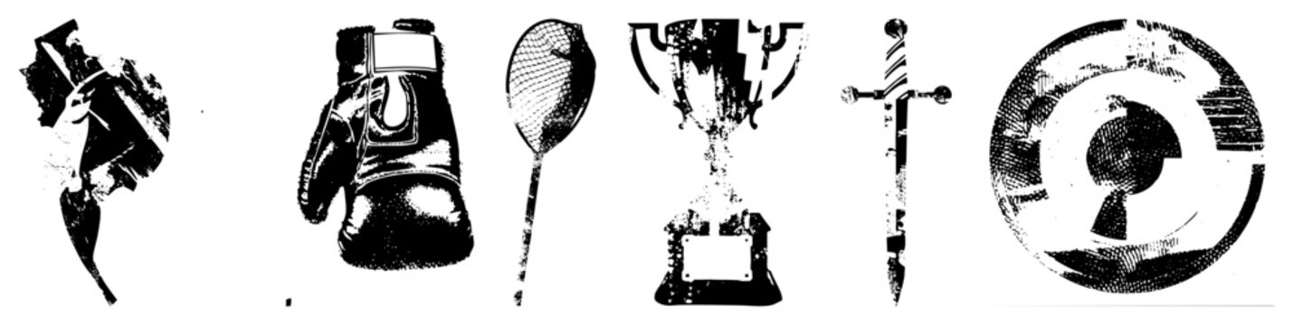 Classic boxing glove, tennis racket, trophy, sword, and circular game token rendered in halftone dot, vector graphic, isolated symbols, retro sports motifs.