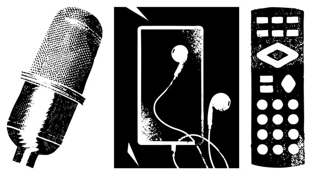 Microphone, with earbuds, and TV remote rendered in gritty halftone, retro tech, gear, vector graphics.