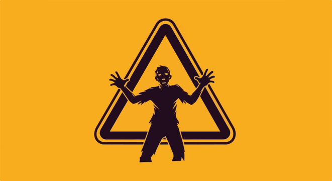 Silhouette of a scary zombie figure within a warning triangle on an orange background