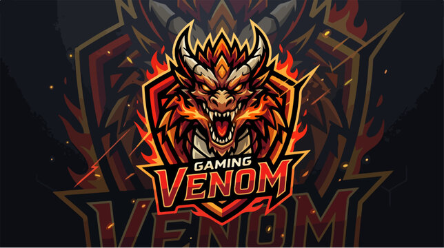 Venom Gaming Logo - Fiery Dragon Head with Intense Expression.