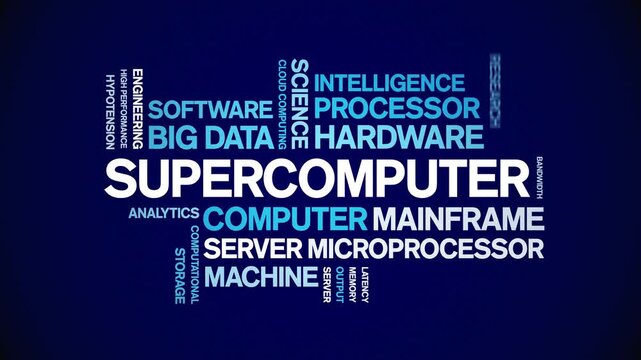 Supercomputer animated word cloud-text design animation tag kinetic typography seamless loop.