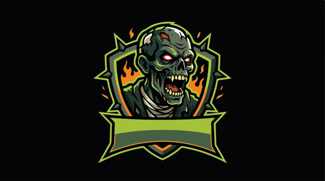 Zombie Head in Shield Emblem with Flames and Banner.