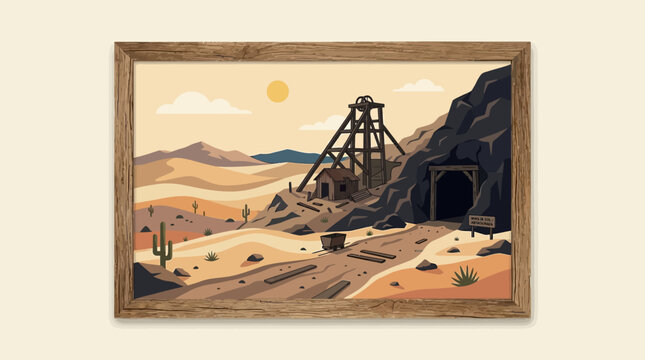 Old mining operation in desert with wooden headframe and mine entrance
