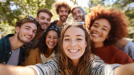 Fototapeta premium Diverse group of young people smiling and taking a selfie outdoors, celebrating unity and friendship, bright natural light. Ai generated