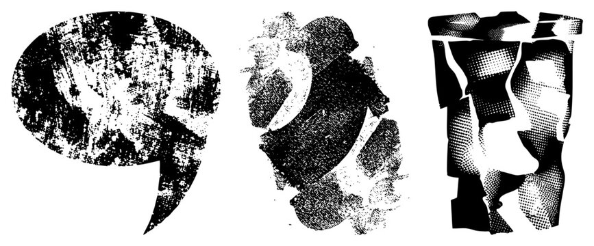 Vector art featuring halftone textures, abstract speech bubble, stylized human figure, fragmented geometric shapes, graphic design.
