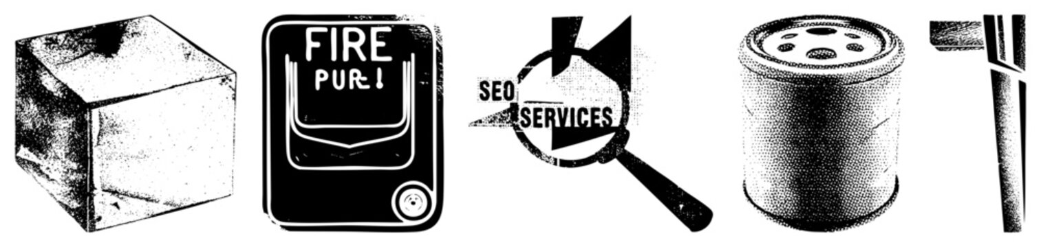 Fire safety sign with "FIRE PUR!" text, magnifying glass over SEO services, halftone texture, isolated vector graphic, digital marketing.