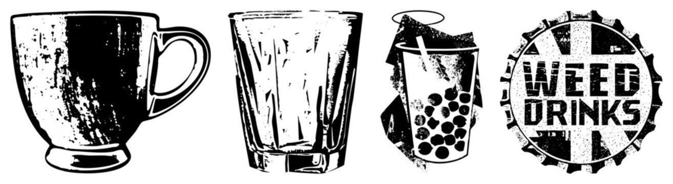 Four stylized drink vessels including mug, tumbler, boba cup, and bottle cap logo, rendered in gritty halftone texture, themed beverage branding.
