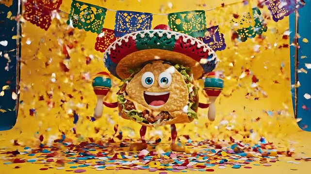 Taco animado con sombrero y maracas bailando bajo confeti de colores, celebraci&oacute;n festiva del Cinco de Mayo y comida mexicana, concepto de marketing alegre para restaurantes.