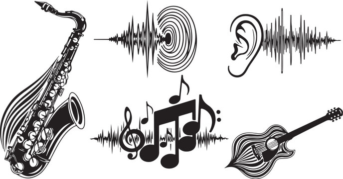 Music Elements with Saxophone Guitar Notes and Sound Waves