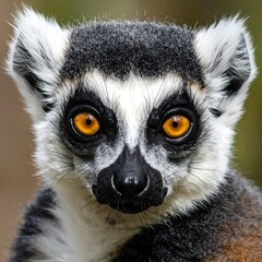 Naklejka premium A large-eyed, black and white furry animal with vibrant gaze