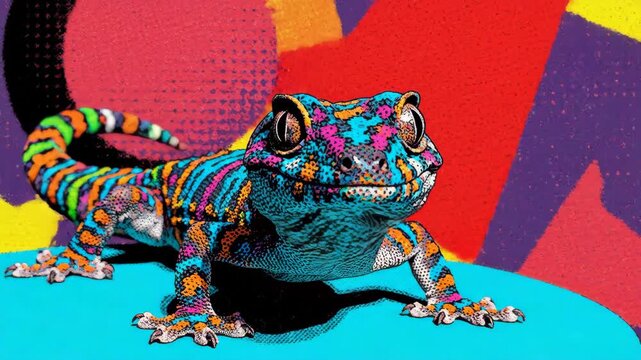 Vibrant pop art gecko against abstract geometric shapes