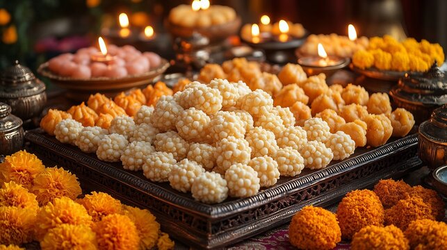 Vibrant spread of Diwali sweets like ladoos jalebis and barfis on a decorative tray with lit diyas marigold flowers and festive rangoli in the background
