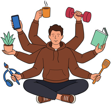 A man sits cross-legged multitasking with phone, coffee, dumbbell, book, plant, headphones, and spoon in a lively indoor setting.