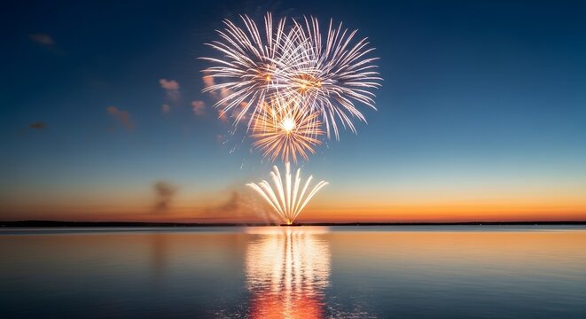 Fireworks exploding over calm water at sunset