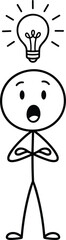 Fototapeta premium Stickman Character with Bright Light Bulb Idea, Creative Thinking Concept, Surprised Expression, Problem Solving, Innovation and Brainstorming Inspiration,