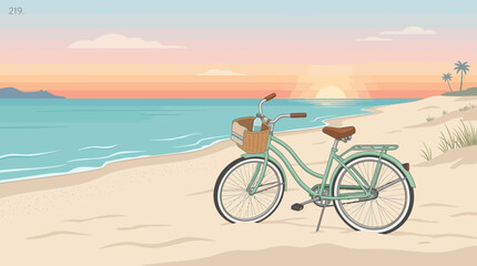 Fototapeta premium Vintage bicycle with woven basket parked on sandy beach at beautiful sunset with ocean waves
