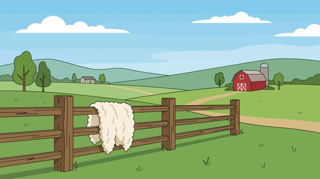 Wooden fence with sheep wool in a serene countryside farm illustration