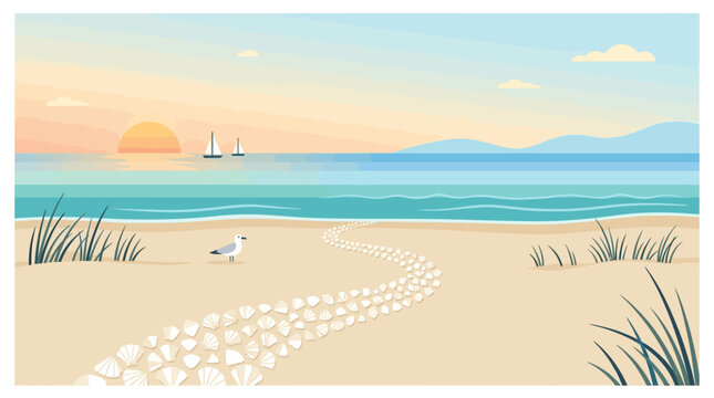 Seagull standing on sandy beach with seashell path leading to ocean at sunrise vector illustration