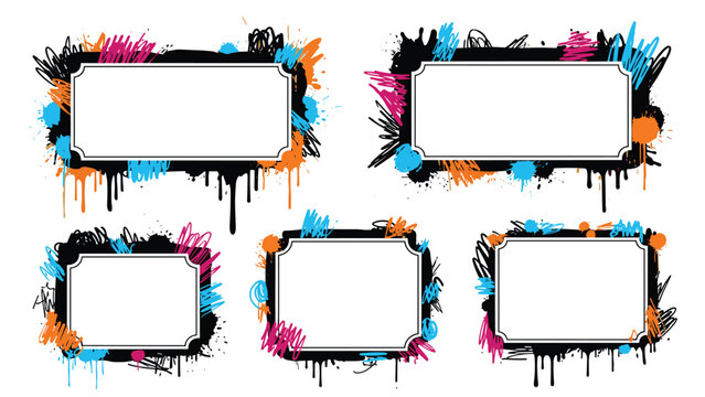 Collection of five rectangular frames with grungy ink splashes and colorful paint scribbles surround blank white centers.