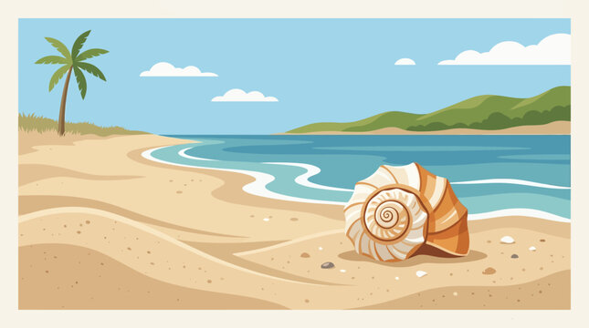 Giant spiral conch shell resting on pristine sandy beach with palm tree and blue ocean