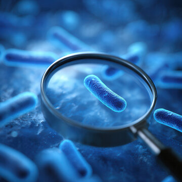 Close view of bacteria under magnifying glass in a lab setting with blue background showing details of microorganisms