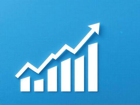 Growth chart shows upward trend on blue background with white line and bars indicating progress and success in business