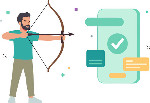 Man aims bow and arrow at mobile phone screen with checkmark